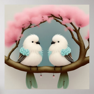 Poster Oiseaux sur une branche de fleurs de cerisier