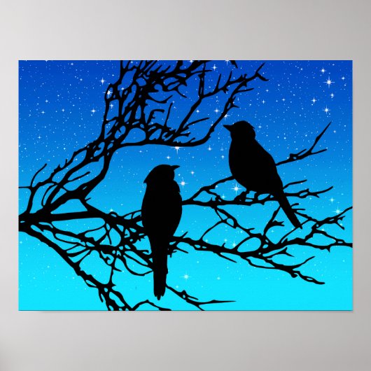 Poster Oiseaux sur une branche, Noir contre Bleu du soir (Devant)
