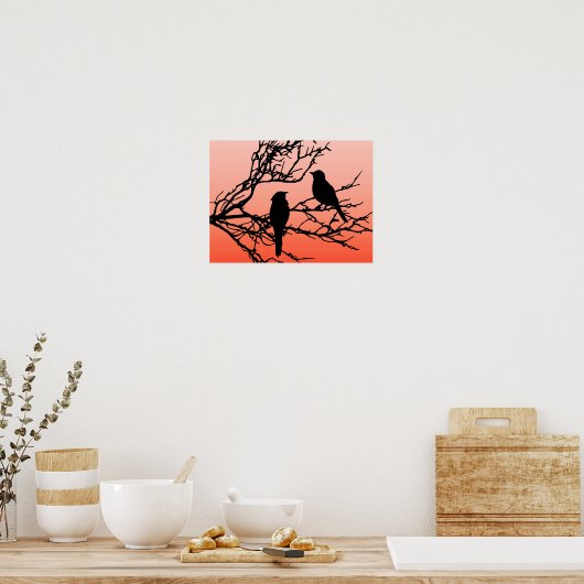 Poster Oiseaux sur une branche, Noir contre le coucher du (Cuisine)