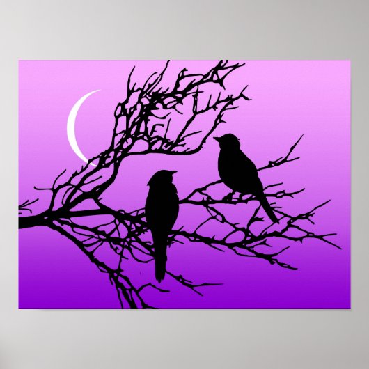 Poster Oiseaux sur une branche, Noir contre le crépuscule (Devant)