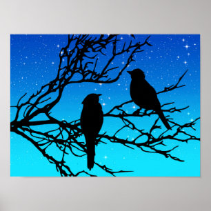 Poster Oiseaux sur une branche, noire contre même le bleu