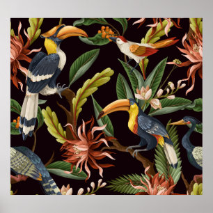 Poster Oiseaux tropicaux : Feuilles Vintages & Fleurs