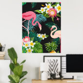 Poster Oiseaux tropicaux Fleurs Flamant rose Paysage aqua (Bureau à domicile)