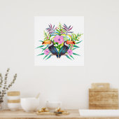 Poster Oiseaux tropicaux tucans et fleurs roses (Cuisine)