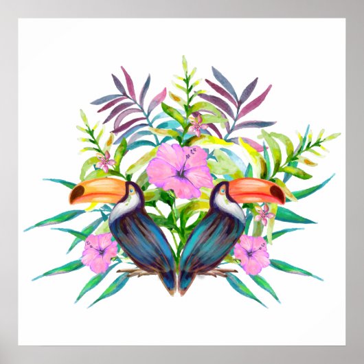 Poster Oiseaux tropicaux tucans et fleurs roses (Devant)
