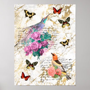 Poster Oiseaux vintages, Fleurs, Papillons, Lettres