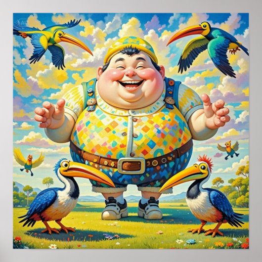 Poster Oiseaux volant autour d'un homme heureux (Devant)