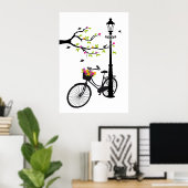Poster Old bicycle with lamp, flower basket, birds, tree (Bureau à domicile)