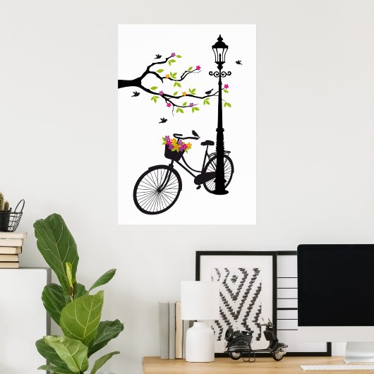 Poster Old bicycle with lamp, flower basket, birds, tree (Bureau à domicile)