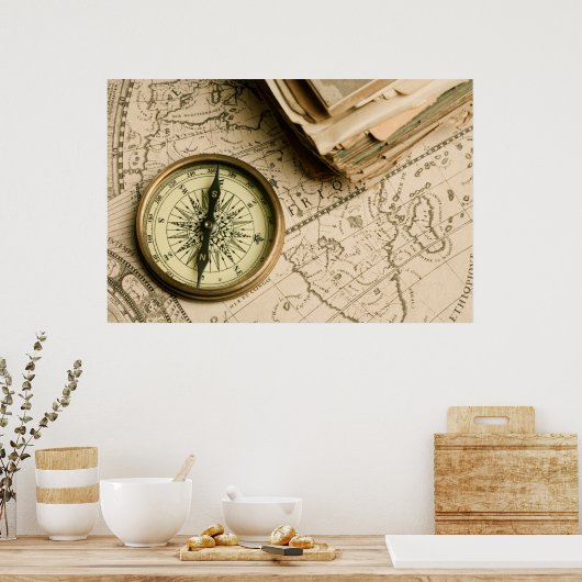 Poster Old compass over Ancient Map (Cuisine)