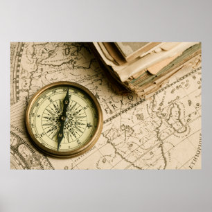 Poster Old compass over Ancient Map