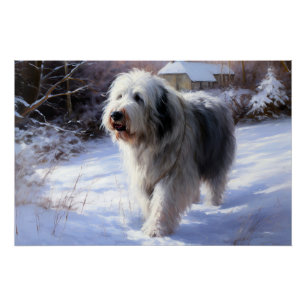 Poster Old English Sheepdog Laisser neiger Noël