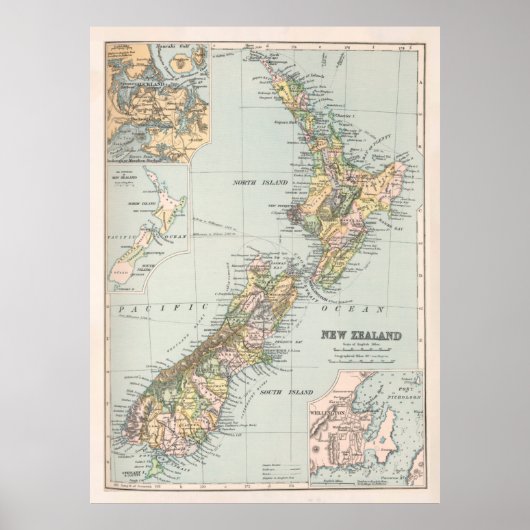 Poster Old New Zealand Map (1892) New Zealander  (Devant)