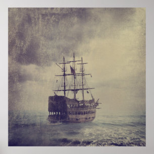 Poster Old pirate ship in the sea.