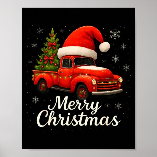 Poster Old Red Truck Santa Hat Xmas Tree Merry Christmas  (Devant)