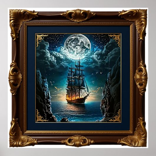 Poster Old Ship Under the Moon (Devant)