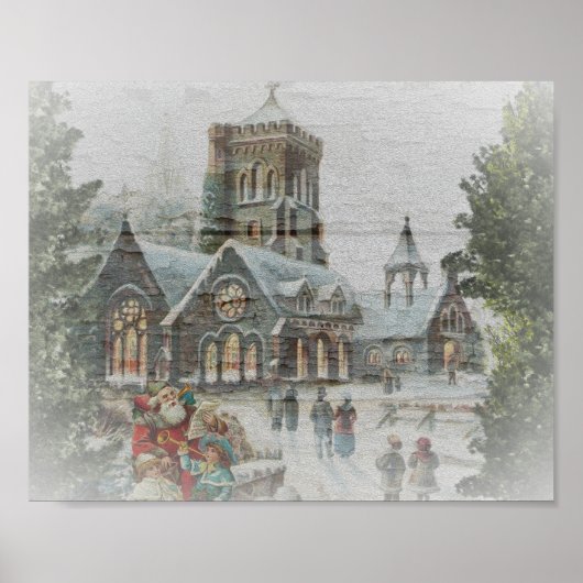 Poster Old time Santa with children in front of a church (Devant)
