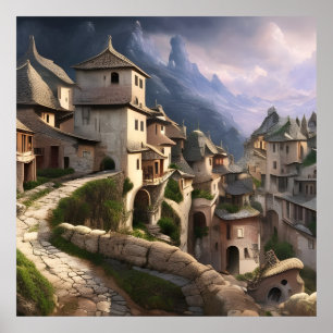 Poster Old Village dans la montagne chemin de pierre bell