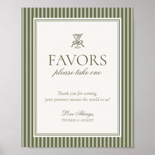 Poster Olive Martini Green Striped Wedding Favors Sign (Devant)