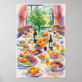 Poster olorful Mediterranean Table Still Life with Wine (Devant)