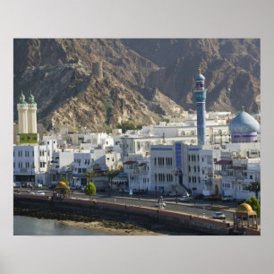 Poster Oman, Muscat, Mutrah. Bâtiments le long de Mutrah