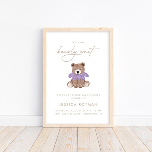 Poster On peut attendre - Baby shower des filles violette