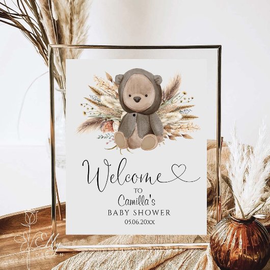 Poster On peut attendre le Baby shower de l'ours de Boho