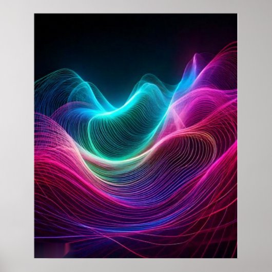 Poster Ondes néon sur de l'art numérique abstrait sombre (Devant)