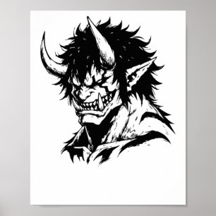 Poster Oni Yokai Japonais Sticker Portrait Outline