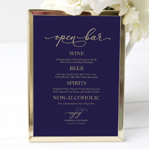 Poster Open Bar Elegant Gold Navy Mariage bleu