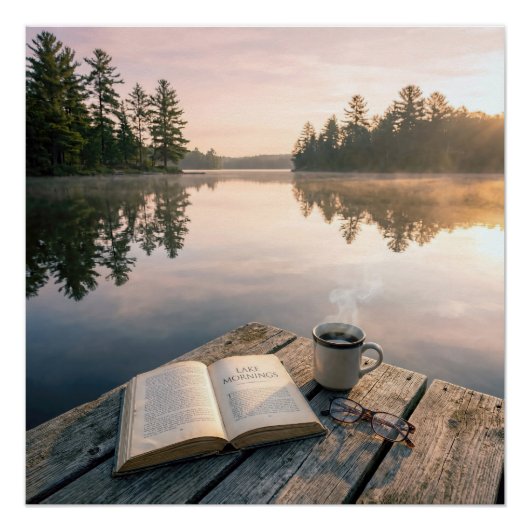 Poster Open Book With Coffee On a Lake Dock (Devant)