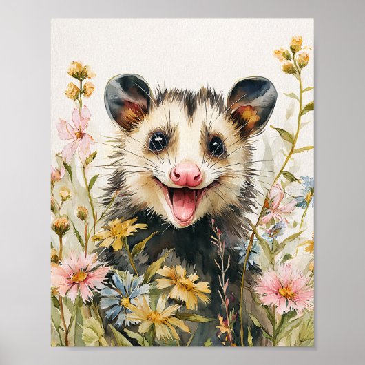 Poster Opossum drôle en Fleurs - Style Aquarelle (Devant)