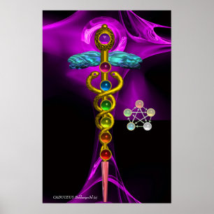 POSTER OR CADUCUS ET 7 CHAKRAS EN PURPLE FRACTAL ROSE