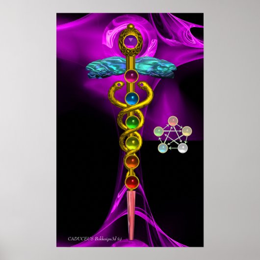 POSTER OR CADUCUS ET 7 CHAKRAS EN PURPLE FRACTAL ROSE (Devant)