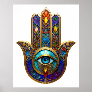 Poster Or Coloré Hamsa Turquoise Saphir Troisième Œil 