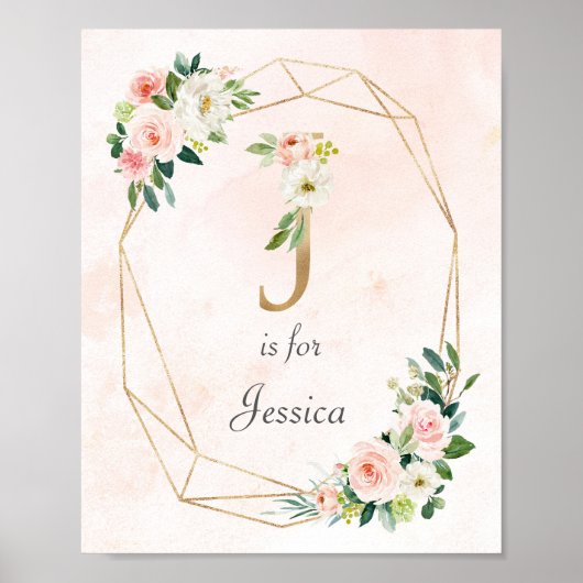 Poster Or et rose Roses Nom du bébé Monogramme (Devant)