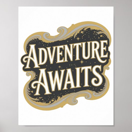 Poster Or Moderne ADVENTURE AWAITS Texte en 3D (Devant)