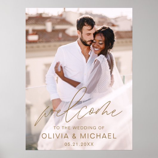 Poster Or Moderne Écriture Photo Mariage Bienvenue Élégan (Devant)