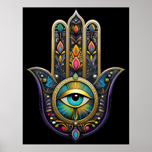 Poster Or noir coloré Hamsa avec troisième œil en turquoi