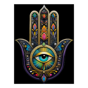 Poster Or noir coloré Hamsa avec troisième œil turquoise
