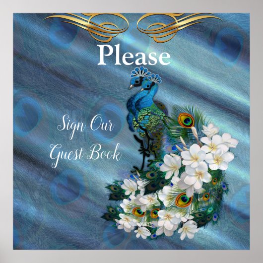 Poster Or, plumes de paon sur soie vert émeraude (Devant)