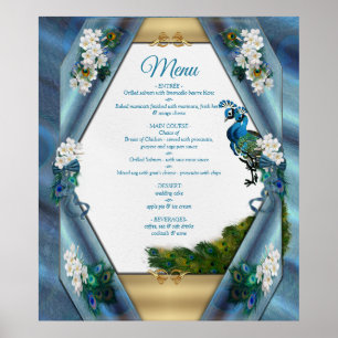 Poster Or, plumes de paon sur soie vert émeraude