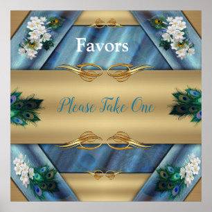 Poster Or, plumes de paon sur soie vert émeraude