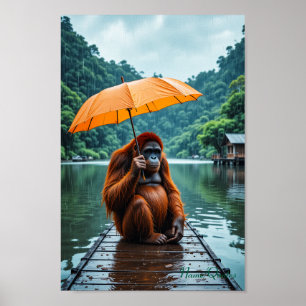 Poster Orang-outan avec parapluie orange