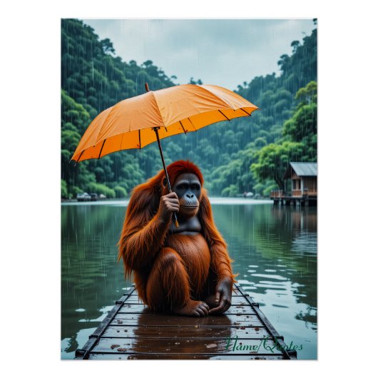 Poster Orang-outan avec parapluie orange (Devant)