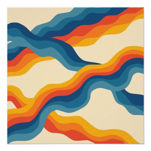 Poster Orange Bleu Abstrait Rétro Wavy Stripe Moderne (Devant)