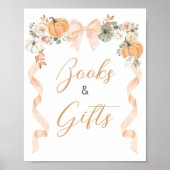 Poster Orange Bow Pumpkin Baby Shower Books and Gift Sign (Devant)