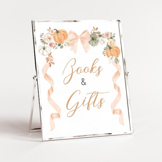 Poster Orange Bow Pumpkin Baby Shower Books and Gift Sign