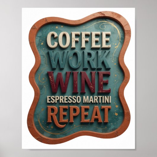 Poster Orange CAFÉ TRAVAIL VIN MARTINI EXPRESSO RÉPÉTER (Devant)