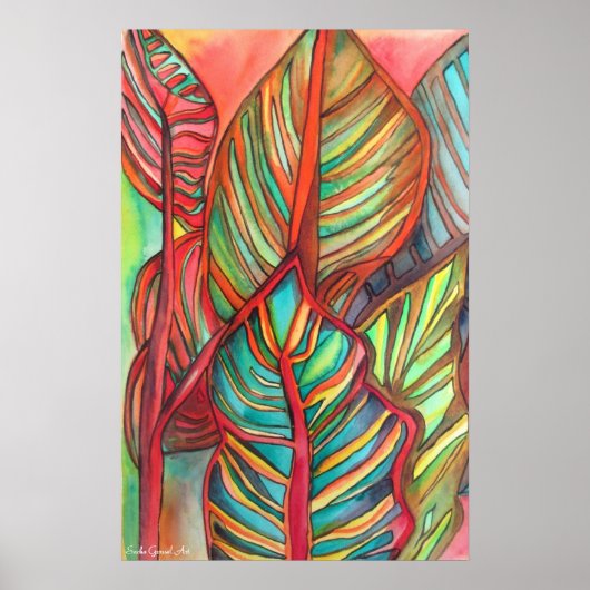 Poster Orange Canna feuille aquarelle art original (Devant)